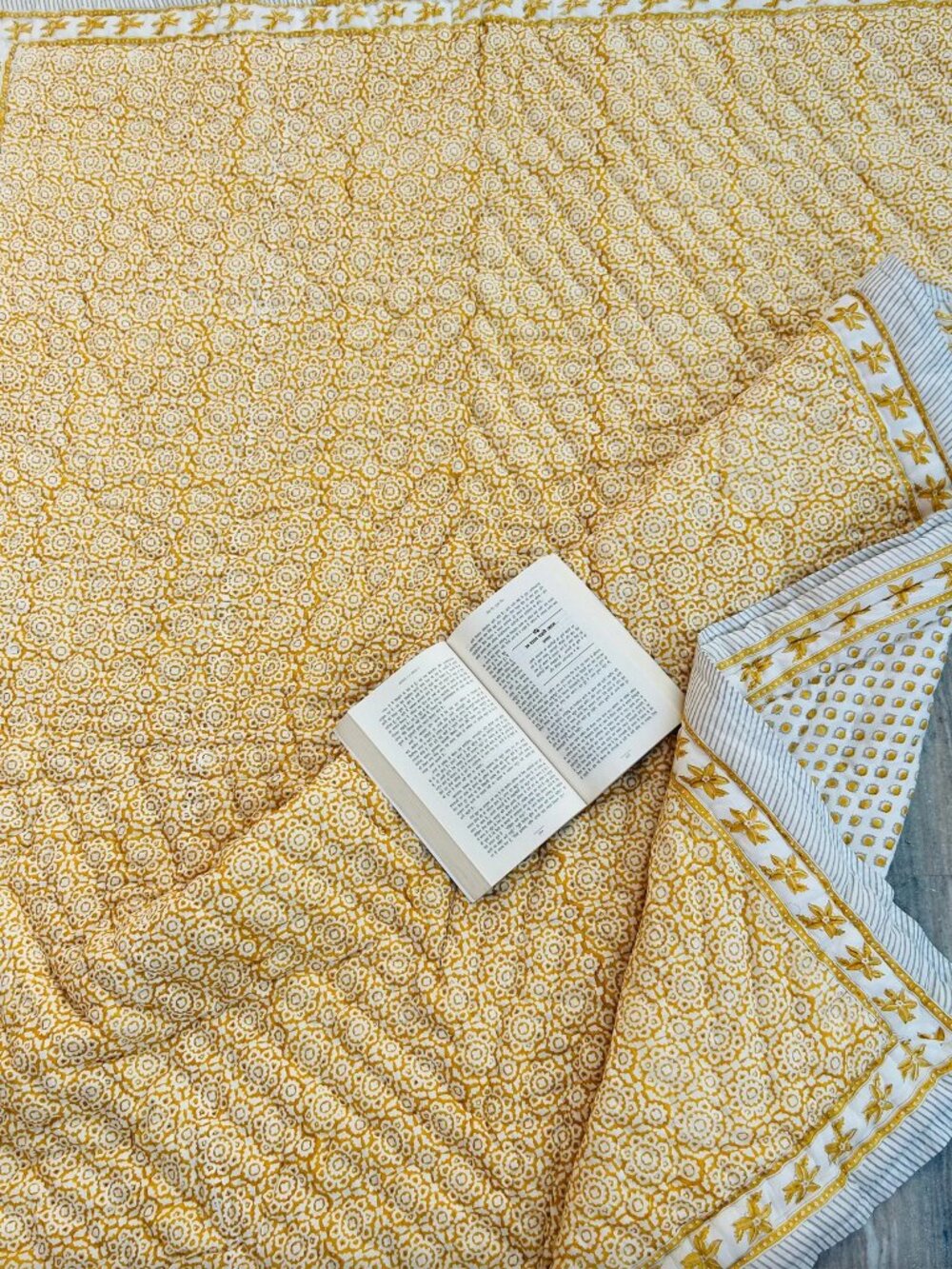 Mustard Block Print Floral Kantha Duvet cover and King shams - set of 2